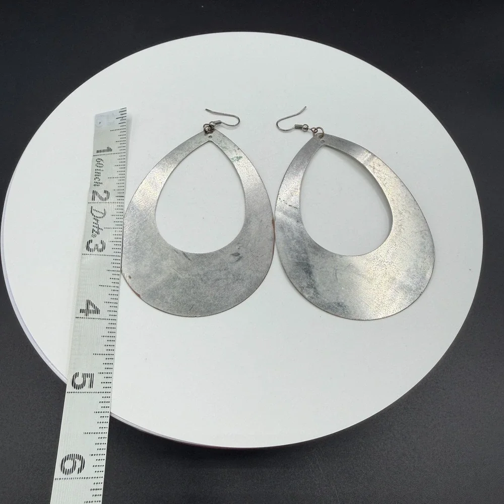 Silver Tone Oversized Teardrop Dangle Earrings Boho Statement Fishhook Pierced
